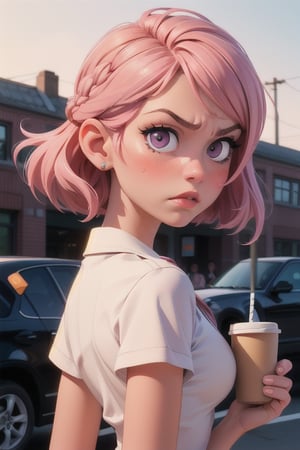 1girl, (masterpice), upper body image, best quality, high quality, high detailed, perfect body,perfect_face, high_detailed_face, city background, holding a coffee disposable cup, cup, holding cup, realism face, good body, big_ass, small_breasts, angry, displeased, unhappy, pink_eyes, breasts, hair ornament, purple_eyeshadow, pink_hair, makeup ,short curls hair, lipstick ,blush ,white_braided_hair, female, light-skinned_female ,light_skin ,sakimichan style ,skin_contrast, photorealistic:1.37, cleavage, seductive, school uniform for study, looking at viewer, on school , intricate detail, detailed background, detailed skin, pore, highres, hdr, studying in the school