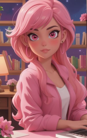 FRONTAL VIEW Image of an Upper body portrait of a beautiful girl with pink hair, sitting close to a pink desk insider her bedroom, containing fancy light lamps, books, bookshelf, glass, decorative plant, flowers, desk containing laptop, ring light, night, city glass view, pink gradient bedroom, Centered Image, Middle Image, zen design, volumetric color , flaming colors, neon pink colors, synthwave,3DMM,cartoon 