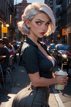 1girl, (masterpice), upper body image, best quality, high quality, high detailed, perfect body,perfect_face, high_detailed_face, city background, holding a coffee disposable cup, cup, holding cup, realism face, good body, big_ass, small_breasts, angry, displeased, unhappy, pink_eyes, breasts, hair ornament, purple_eyeshadow, white_hair, makeup ,short curls hair, lipstick ,blush ,white_braided_hair, female, light-skinned_female ,light_skin ,sakimichan style ,skin_contrast, photorealistic:1.37, cleavage, seductive, school uniform for study, looking at viewer, on school , intricate detail, detailed background, detailed skin, pore, highres, hdr, studying in the school