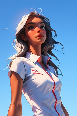 Digital art of a beautiful girl with long straight hair , 3d, realistic, 3d render, hyperdetailed, staring at the sky