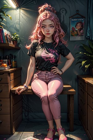 Pink Eyes, pink Eyes, pink pants, drawing, painting on paper, inks, ink pots, pink shelf((Masterpiece)), (Best Quality), Art, Highly Detailed, Extremely Detailed CG Unity 8k Wallpaper, (Curves: 0.8), (Full Body: 0.6), 3DMM, (Masterpiece, Best Quality) pink hair, long curly hair, tanned skin, tanned skin, pink eyes, sitting, black t-shirt, small chest, sitting, drawing, jeans, black pants, cartoonist, white walls, neon pink lights, neon lights, pink lights, wooden pink gradient shelf, flower pots, plants, decorative plants, window, window, city view, 12334, Q , perfect eyes,12334,3DMM,facial,anime, cum, pov,