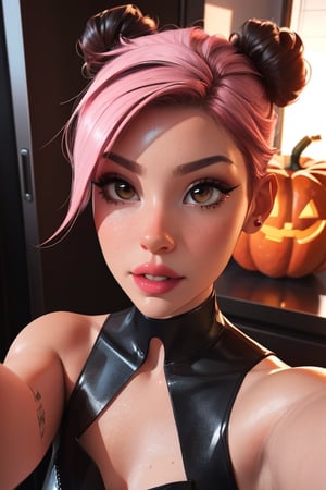 Digital art of a beautiful dark skin girl with pink short buns hair, 3d, realistic, 3d render, hyperdetailed, taking a selfie , with a halloween makeup