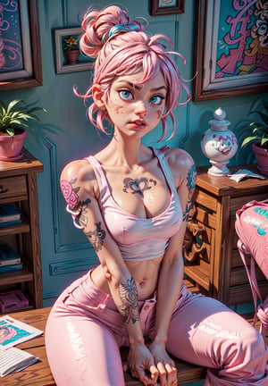 Pink Eyes, pink Eyes, pink pants, drawing, painting on paper, inks, ink pots, pink shelf((Masterpiece)), (Best Quality), Art, Highly Detailed, Extremely Detailed CG Unity 8k Wallpaper, (Curves: 0.8), (Full Body: 0.6), 3DMM, (Masterpiece, Best Quality) pink hair, long curly hair, tanned skin, tanned skin, pink eyes, sitting, white sleeveless shirt, no bra, small chest, tattoos, tattoo on the arm, sitting, drawing, jeans, black pants, cartoonist, tattoo studio , white walls, neon pink lights, neon lights, pink lights, wooden pink gradient shelf, flower pots, plants, decorative plants, window, window, city view, tattoo chair, tattoo artist, tattoo girl, 12334, Q , perfect eyes,12334,3DMM,facial,anime, cum, pov,