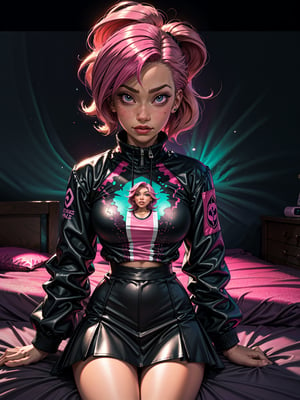 FRONTAL VIEW Image of an /(Upper body portrait of a beautiful girl with pink hair), bedroom, bed, pink gradient synthwave room, Perfectly drawn Fingers, (sitting close to a pink desk), pink gradient Lighting , Centered Image, Middle Image, zen Interior design, volumetric color , flaming colors, neon pink colors, cosmos, cyber, synthwave, wearing a white t-shirt and black jacket, pink skirt, SFW,3DMM,12334,cartoon ,facial