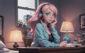 1girl, (masterpice), best quality, high quality, noon, night, high detailed, perfect body,perfect_face, high_detailed_face, realism face, good body, big_ass, small_breasts, aqua_glowing_eyes, glowing eyes and hair,  siting down next to her desk studing, wearing a blue headphone, lofi-girl, Pink room light, very dark, white dog sitting by the window, (Wearing headphone), lofi chill out,  inside her bedroom, Night pink gradient lighting, dog, books, lamp, pen, teddy bear on her desk, serious, lofi girl room decorations, hard light, night, facing the viewer, hair ornament, blue_glowing_hair, makeup ,long_hair, lipstick ,blush ,short_braided_hair, female, light-skinned_female ,light_skin ,skin_contrast, blue shirt, silver covered jacket