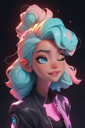 Digital art of a beautiful girl with glowing aqua curly hair, black background, high quality, masterpiece, eyes closed, glowing top, light 