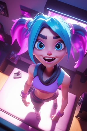 High top view angle camera shot Digita art of a Jinx, from the film Arcane, blue hair, League Of Legends, inside her room, pink gradient lighting, looking up, at the viewer,  Arcane:League of Legends TV Series 2021 , angry, high angle view,JinxLol,3d