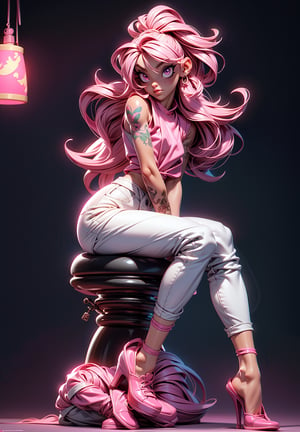 Pink Eyes, pink Eyes, pink pants, drawing, painting on paper, inks, ink pots, pink shelf((Masterpiece)), (Best Quality), Art, Highly Detailed, Extremely Detailed CG Unity 8k Wallpaper, (Curves: 0.8), (Full Body: 0.6), 3DMM, (Masterpiece, Best Quality) pink hair, long curly hair, tanned skin, tanned skin, pink eyes, sitting, white sleeveless shirt, no bra, small chest, tattoos, tattoo on the arm, sitting, drawing, jeans, black pants, cartoonist, tattoo studio , white walls, neon pink lights, neon lights, pink lights, wooden pink gradient shelf, flower pots, plants, decorative plants, window, window, city view, tattoo chair, tattoo artist, tattoo girl, 12334, Q , perfect eyes,12334,3DMM,facial,anime, cum