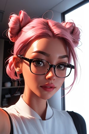 Digital art of a beautiful girl with pink short buns hair, wearing pink fashioned glasses, 3d, realistic, 3d render, hyperdetailed, taking a selfie 