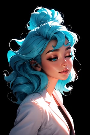 Digital art of a beautiful girl with glowing aqua curly hair, black background, high quality, masterpiece, eyes closed, glowing top, light 