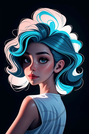 Digital art of a beautiful girl with glowing aqua curly hair, black background, high quality, masterpiece, eyes closed, glowing top, light ,<lora:659111690174031528:1.0>