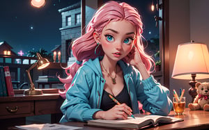 1girl, (masterpice), best quality, high quality, noon, night, high detailed, perfect body,perfect_face, high_detailed_face, realism face, good body, big_ass, small_breasts, aqua_glowing_eyes, glowing eyes and hair,  siting down next to her desk studing, wearing a blue headphone, lofi-girl,  lofi chill out,  inside her bedroom, Night pink gradient lighting, dog, books, lamp, pen, teddy bear on her desk, serious, lofi girl room decorations, hard light, night, facing the viewer, hair ornament, blue_glowing_hair, makeup ,long_hair, lipstick ,blush ,short_braided_hair, female, light-skinned_female ,light_skin ,skin_contrast, blue shirt, silver covered jacket
