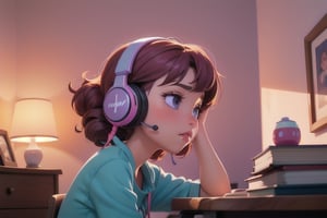 Image of a lofi- girl room, 1girl, studing, front view, lofi, wearing a headphone, inside her bedroom, night, glowing, lofi gradient lighting, purple light, 