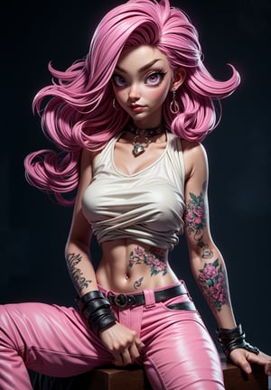 Pink Eyes, pink Eyes, pink pants, drawing, painting on paper, inks, ink pots, pink shelf((Masterpiece)), (Best Quality), Art, Highly Detailed, Extremely Detailed CG Unity 8k Wallpaper, (Curves: 0.8), (Full Body: 0.6), 3DMM, (Masterpiece, Best Quality) pink hair, long curly hair, tanned skin, tanned skin, pink eyes, sitting, white sleeveless shirt, no bra, small chest, tattoos, tattoo on the arm, sitting, drawing, jeans, black pants, cartoonist, tattoo studio , white walls, neon pink lights, neon lights, pink lights, wooden pink gradient shelf, flower pots, plants, decorative plants, window, window, city view, tattoo chair, tattoo artist, tattoo girl, 12334, Q , perfect eyes,12334,3DMM,facial