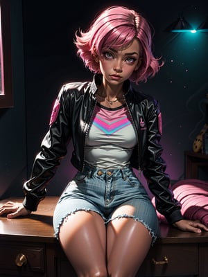 FRONTAL VIEW Image of an /(Upper body portrait of a beautiful girl with pink hair), bedroom, bed, pink gradient synthwave room, Perfectly drawn Fingers, (sitting close to a pink desk), pink gradient Lighting , Centered Image, Middle Image, zen Interior design, volumetric color , flaming colors, neon pink colors, cosmos, cyber, synthwave, wearing a white t-shirt and black jacket, SFW,3DMM,12334,cartoon 
