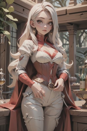 highres,(best quality),incredibly detailed,forest background blurry,1girl,anime,looking at viewer,(highly detailed face),long silver hair, standing, white chemise, (red padded bodice:2), medieval pants, belt with a dagger, potion bottle, brown mantle cloak, medium breasts,perky breasts
