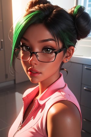 Digital art of a beautiful girl with green short buns hair , 3d, realistic, 3d render, hyperdetailed, wearing a pink eye glass, selfie 
