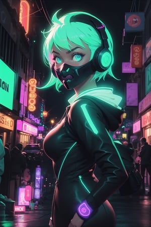 (frontal view, facing viewer:1.2), centered, masterpiece, face portrait, | 1girl, solo, Glowing aqua hair color, short hairstyle, glowing light blue eyes, | (neon wireless headphones headset:1.2), (black neon futuristic mouth mask:1.2), dark blue hoodie, | futuristic city lights, sunset, dark, night, buildings, urban scenery, neon lights | bokeh, depth of field, game cg, 3d, pixar style