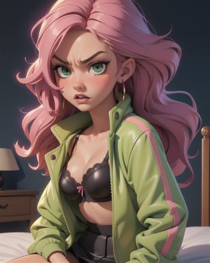 1girl, (masterpice), best quality, high quality, high detailed, perfect body,perfect_face, angry, 
annoyed, provoked, high_detailed_face, realism face, good body, small_breasts, green_eyes, breasts, hair ornament, purple_eyeshadow, pink_hair, makeup ,long_hair, lipstick ,blush ,curly_hair, female, dark-skinned_female ,brown_skin ,sakimichan style ,skin_contrast, bra, black_bra, jacket, black leather skirt, laying on bed, bedroom, hight detailed background, night,facial