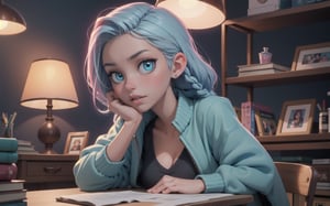 1girl, (masterpice), best quality, high quality, noon, night, high detailed, perfect body,perfect_face, high_detailed_face, realism face, good body, big_ass, small_breasts, aqua_glowing_eyes, glowing eyes and hair,  siting down next to her desk studing, wearing a blue headphone, lofi-girl,  lofi chill out,  inside her bedroom, Night pink gradient lighting, dog, books, lamp, pen, teddy bear on her desk, serious, lofi girl room decorations, hard light, night, facing the viewer, hair ornament, blue_glowing_hair, makeup ,long_hair, lipstick ,blush ,short_braided_hair, female, light-skinned_female ,light_skin ,skin_contrast, blue shirt, silver covered jacket