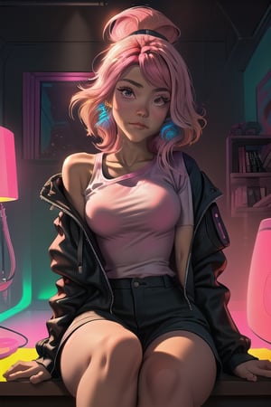 FRONTAL VIEW Portrait image of an /(Head to Shoulder portrait of a beautiful girl with pink hair), pink gradient synthwave room, Perfectly drawn Fingers, (sitting close to a pink desk), pink gradient Lighting , Centered Image, Middle Image, zen Interior design, volumetric color , flaming colors, neon pink colors, cosmos, cyber, synthwave, wearing a white t-shirt and black jacket, SFW,