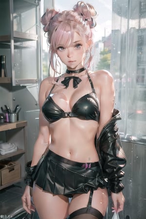 best quality, ultra high res, (photorealistic:1.4), 1girl, chearleader outfit, tight skirt, black choker, (faded ash green messy bun:1), faded ash pink hair, (medium sized breasts:1.2), looking at viewer, closeup , ,intheshower