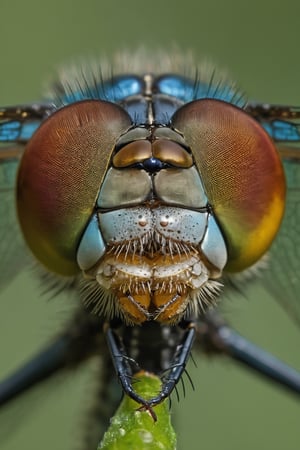 Marco photography of a dragonfly  head, everything sharp in focus, highly detailed