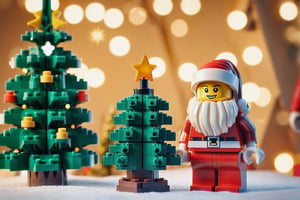 Lego santa clause and a lego christmas tree, warm lighting, background bokeh, christmas time