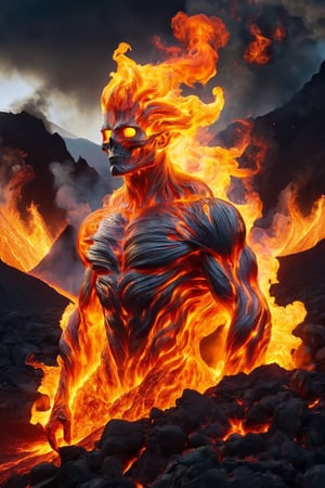 Raw photo, a man  embodying a pyroclastic pulse, the form merging with a magma maelstrom and flame geysers. The figure is a fusion of human elegance and volcanic power, with eyes glowing like lava and hair flowing in fiery streams. The background features erupting volcanoes, highlighting her as the nexus of volcanic fury and beauty. Aim for a style that combines realism with fantasy, focusing on the interplay of fire, smoke, and molten textures to showcase her dynamic presence,faize,DonMF1r3XL