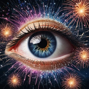 Photo of a highly detailed human eye with the twinkling stars,  within a fireworks sky, fireworks mirrored within it.