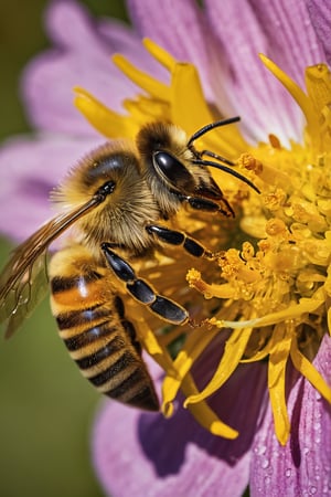 Marco photography, extreme closeup of a bee on a flower, grabbing pollen, everything sharp in focus, highly detailed