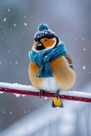 bird with a warm hat, scarf, freezing, snow, snowfall, sitting on a powerline,