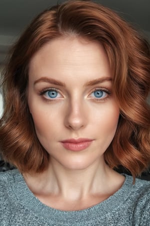 Candid close up photo of a beautiful scandinavian woman, 30 years old, short wavy reddish hair, symmetrical eyes, selfie, highly detailed, real, shot on an iphone