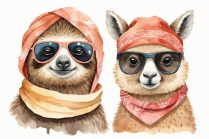 cute friendly animal friends, sloth and Alpaca, wearing sunglasses and bandana, show its face , watercolor sketch, high detail, clean edge , cartoon style, Vector Illustration, on a white backgound, minimal art, watercolor gouache textured paper, simplified line work, flat illustration, jon klassen style
