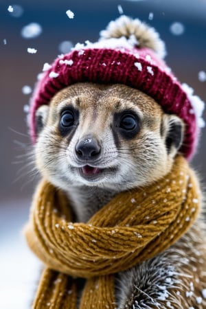 Extreme close-up, meerkat with a warm scarf and a hat, smiling, (snow storm:1.1), snowfall, atmosheric lighting