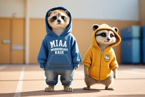 front view, full body, Anthropomorphic cute kitten standing next to a anthropomorphic meerkat, British shorthair with golden shaded, hands outside pocket, wears oversize hoodie with words "miaomiao" and oversize blue jeans, inside school sports halls, soft and warm light, cinematic style -



