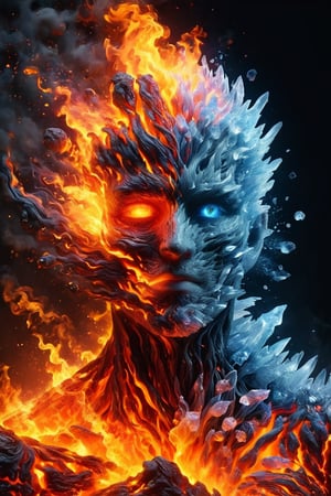 Raw photo, a faize man embodying a pyroclastic pulse, her form merging with a magma maelstrom and flame geysers. Her figure is a fusion of human elegance and volcanic power, with eyes glowing like lava and hair flowing in fiery streams. The background features erupting volcanoes, highlighting her as the nexus of volcanic fury and beauty. Aim for a style that combines realism with fantasy, focusing on the interplay of fire, smoke, and molten textures to showcase her dynamic presence,faize