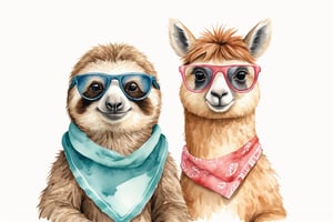 cute friendly animal friends, sloth and Alpaca, wearing sunglasses and bandana,show its face ,watercolor sketch,high detail,clean edge ,catoon style,Vector Illustration , on a white backgound, minimal art, watercolor gouache textured paper, simplified line work, flat illustration, jon klassen style 