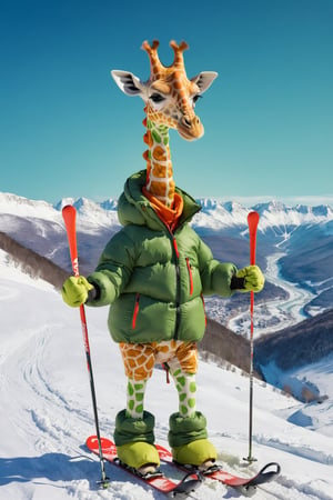 Anthropomorphic small green giraffe, wearing a thick down jacket, skiing in the cold winter, lovely appearance, in nordic mountains
