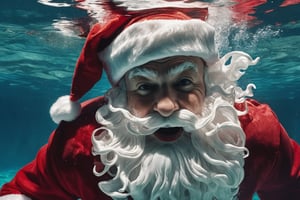 Raw photo, medium shot of a Santa Claus, diving under water
