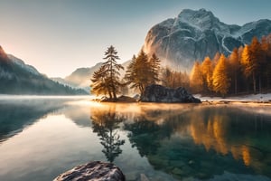 (masterpiece, best quality, highres, realistic), photo by Melissa Stemmer, Fantastic winter sunrise of Hintersee lake. Beautiful scene of trees on a rock island. Location: resort Ramsau, National park Berchtesgadener Land, Upper Bavaria, Germany Alps, Europe, breathtaking photograph, cinematic look, minimalistic, blurred background, warm atmosphere, daylight, professional color grading, simple look, unedited photography, natural, unassuming, simple style, award-winning, stunning, water drops, delicious, glistering light, golden hour, kodachrome, vintage look, vibrant colors, morning mist
