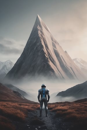 (Minimalist wide angle movie still), man in a futuristic suit, mountains, north nature, muted tones, warm light, cold colors, low contrast, foggy

