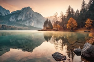 (masterpiece, best quality, highres, realistic), photo by Melissa Stemmer, Fantastic winter sunrise of Hintersee lake. Beautiful scene of trees on a rock island. Location: resort Ramsau, National park Berchtesgadener Land, Upper Bavaria, Germany Alps, Europe, breathtaking photograph, cinematic look, minimalistic, blurred background, warm atmosphere, daylight, professional color grading, simple look, unedited photography, natural, unassuming, simple style, award-winning, stunning, water drops, delicious, glistering light, golden hour, kodachrome, vintage look, vibrant colors, morning mist

