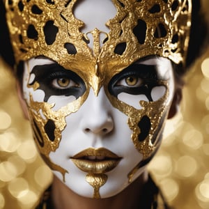 Extreme close-up, Rorschach editorial photography of a woman face, neo-tribal art, bokeh, gold lips