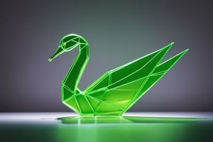Abstract art of an origami swan using glass, lime green neon lights, creating high-contrast sharp silhouettes in a minimalist setting, background is dark satin