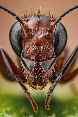 Marco photography of an ant head,, everything sharp in focus, highly detailed