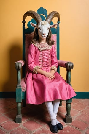 fine art photography, a girl with goat head with pink dress dress, baroness, nobilecore, from 1800s, ancient, on a throne