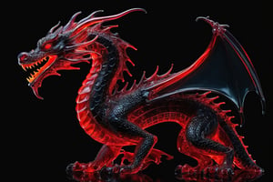 Molten glass art of a mysterious dragon,  glowing in neon red,  creating bold nocturnal silhouettes,  pure black background,