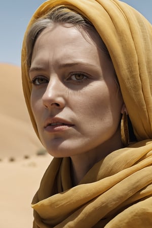 Raw photo, Side view, Extreme close-up,a woman wearing a yellow scarf, in the style of biblical drama, light brown and amber, desertwave, alan lee, cinematic sets, i can't believe how beautiful this is, david plowden 