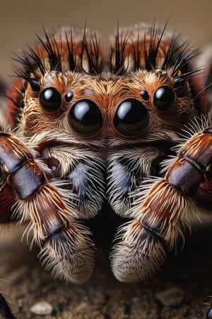 Marco photography of a tarantula head, everything sharp in focus, highly detailed